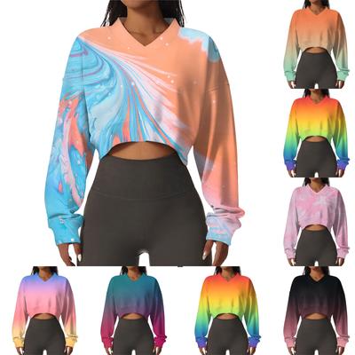 Женская повседневная модная сексуальная удобная спортивная толстовка с V-образным вырезом и длинным рукавом с принтом в стиле тай-дай