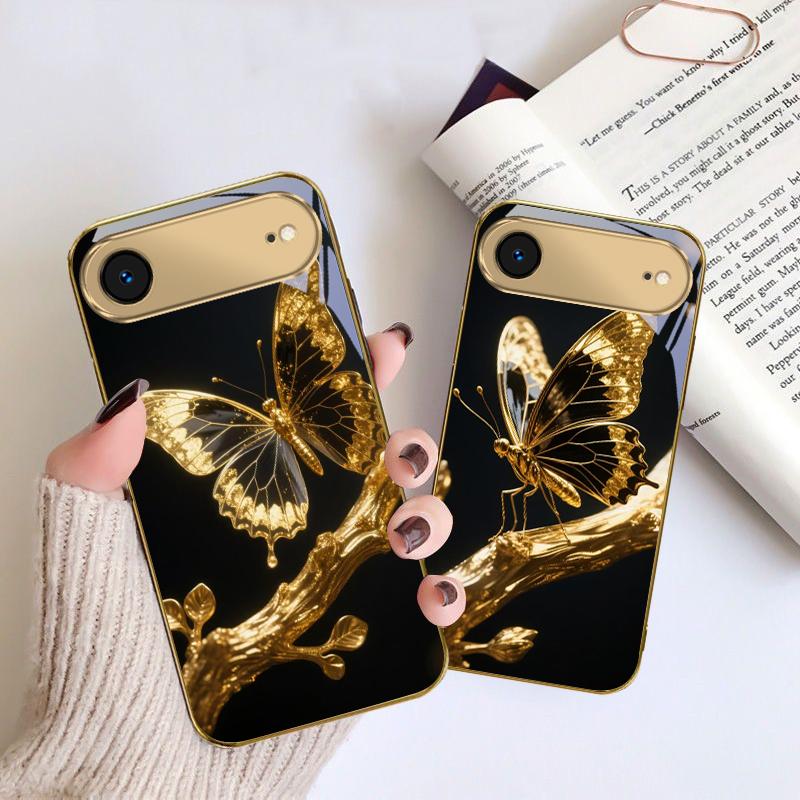 Бабочка на ветке Для IPhone 17Pro Max 16 17 Pro 15 Pro 14 13 Plus 12 Mini 11Pro Max XR 16E 17 Air Золотой стеклянный чехол для телефона