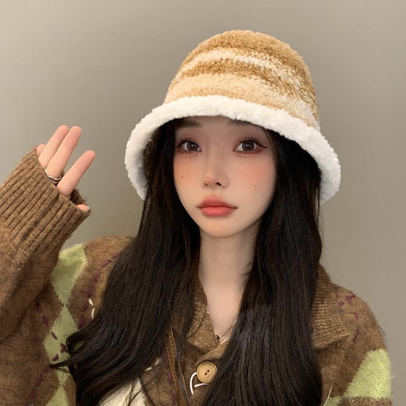 Шапка женская с постепенным изменением цвета, имитация ягненка, панама, допаминовая зимняя теплая плюшевая шапка-тазик