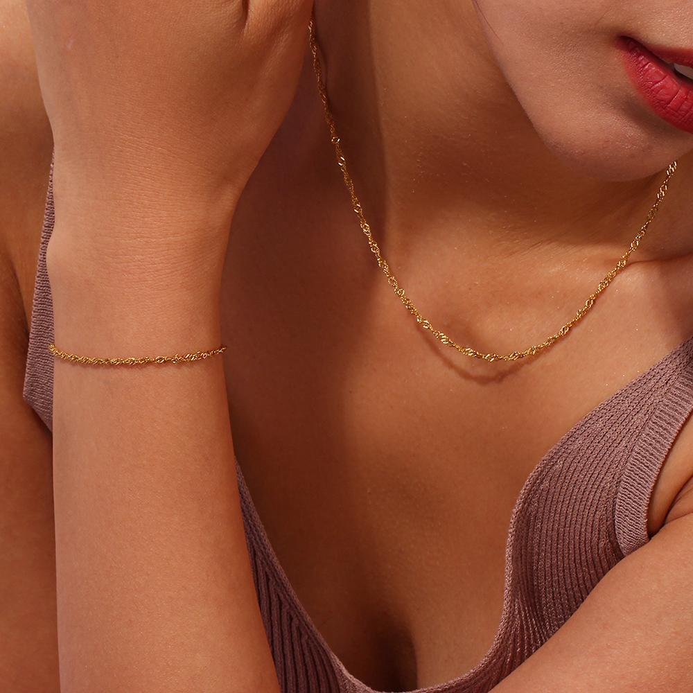 E.B.belle Dainty Water Wave Chain Stainless Steel Necklace Bracelet For Women Minimalist Thin Gold Plated Jewelry Set