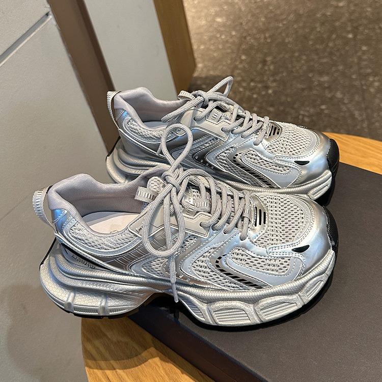 Fried Street Platform Daddy Shoes Women's 2025 New Summer Mesh Breathable Lightweight Height Increasing Silver Casual Sneakers