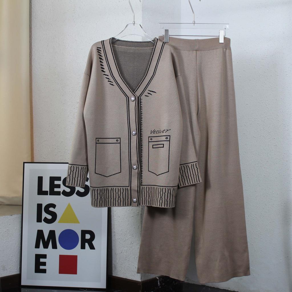 Женский осенне-зимний комплект из двух предметов, трикотажные брюки с принтом, женская уличная одежда, кардиган с длинными рукавами и v-образным вырезом + широкие брюки