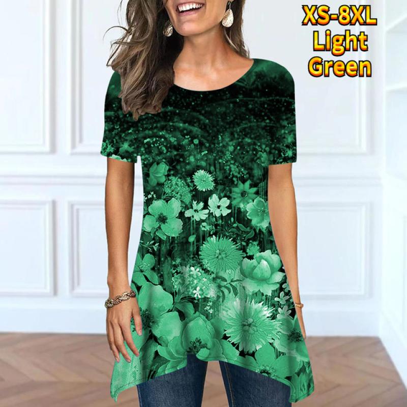 Летняя женская модная и удобная уличная одежда. Базовая повседневная одежда с короткими рукавами и круглым вырезом под открытым свободным топом XS-8XL.