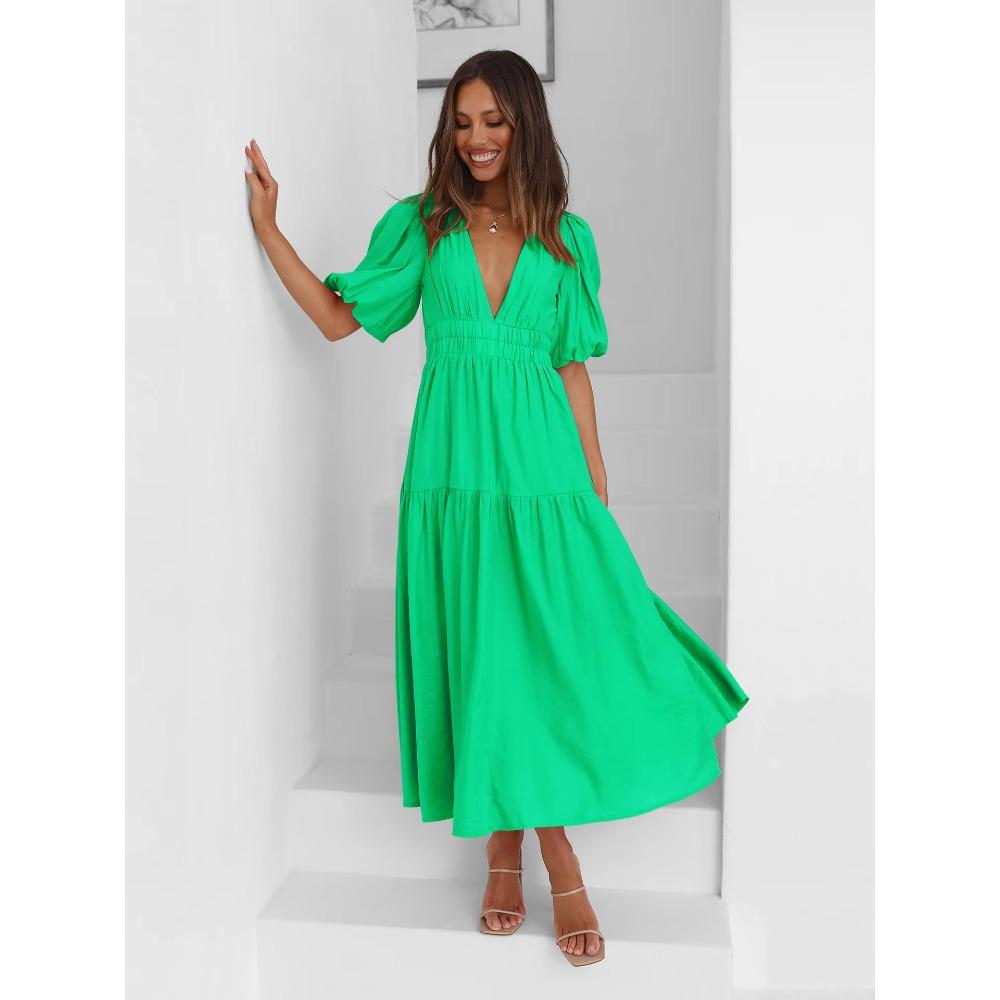 Модное летнее винтажное платье для женщин с рукавами-фонариками и оборками, повседневное платье с V-образным вырезом и высокой талией, сексуальное вечернее миди-пляжное платье