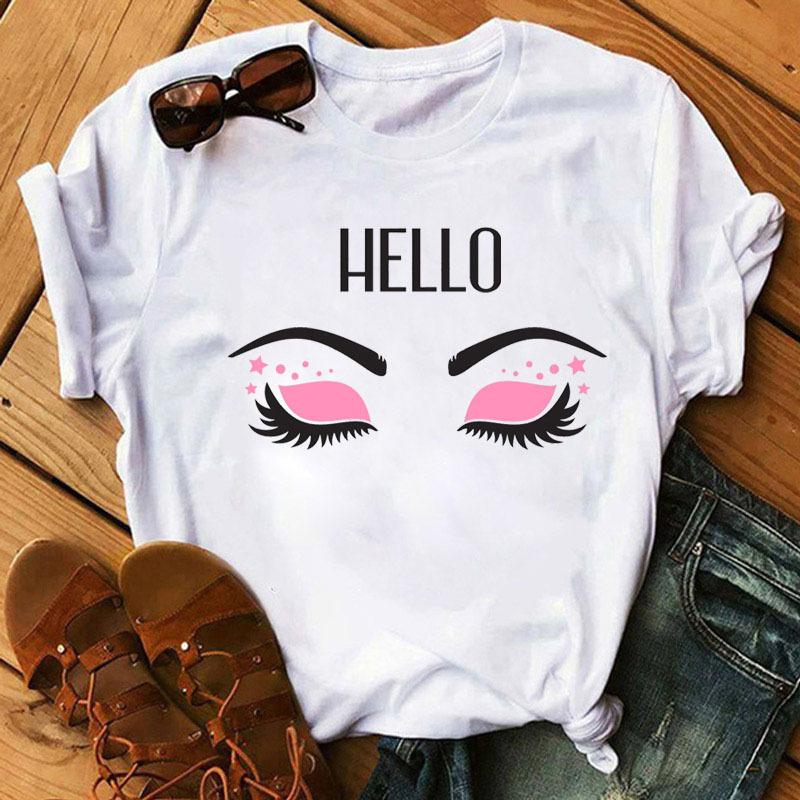 Women's Eyelash Print Loose Casual Simple Round Neck Pure Cotton Short Sleeved T-Shirts Lady Tees