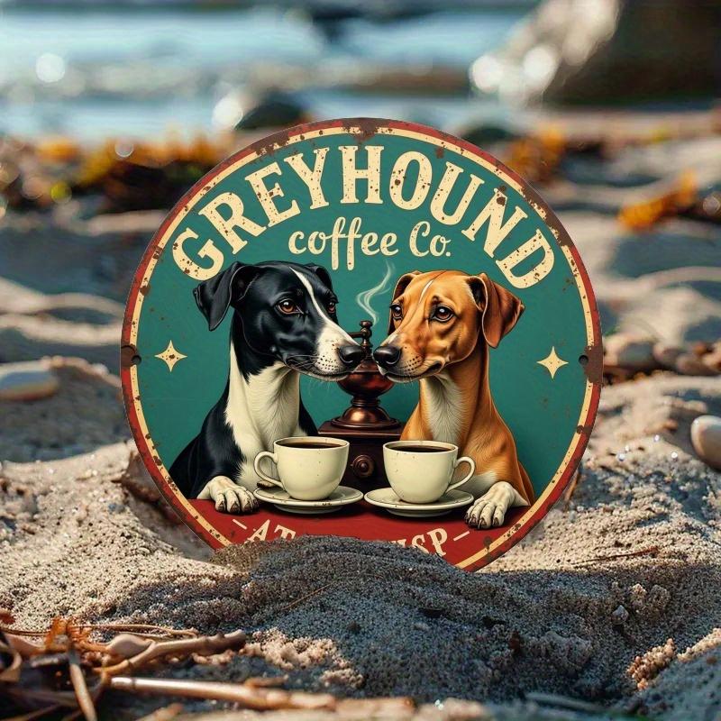 2d Плоский 20*20см, Ретро Круглый Деревянный Логотип Кофейной Компании Greyhound, Ретро Настенное Украшение с Дизайном Собаки и Кофе, Рустикальный Синий Фон