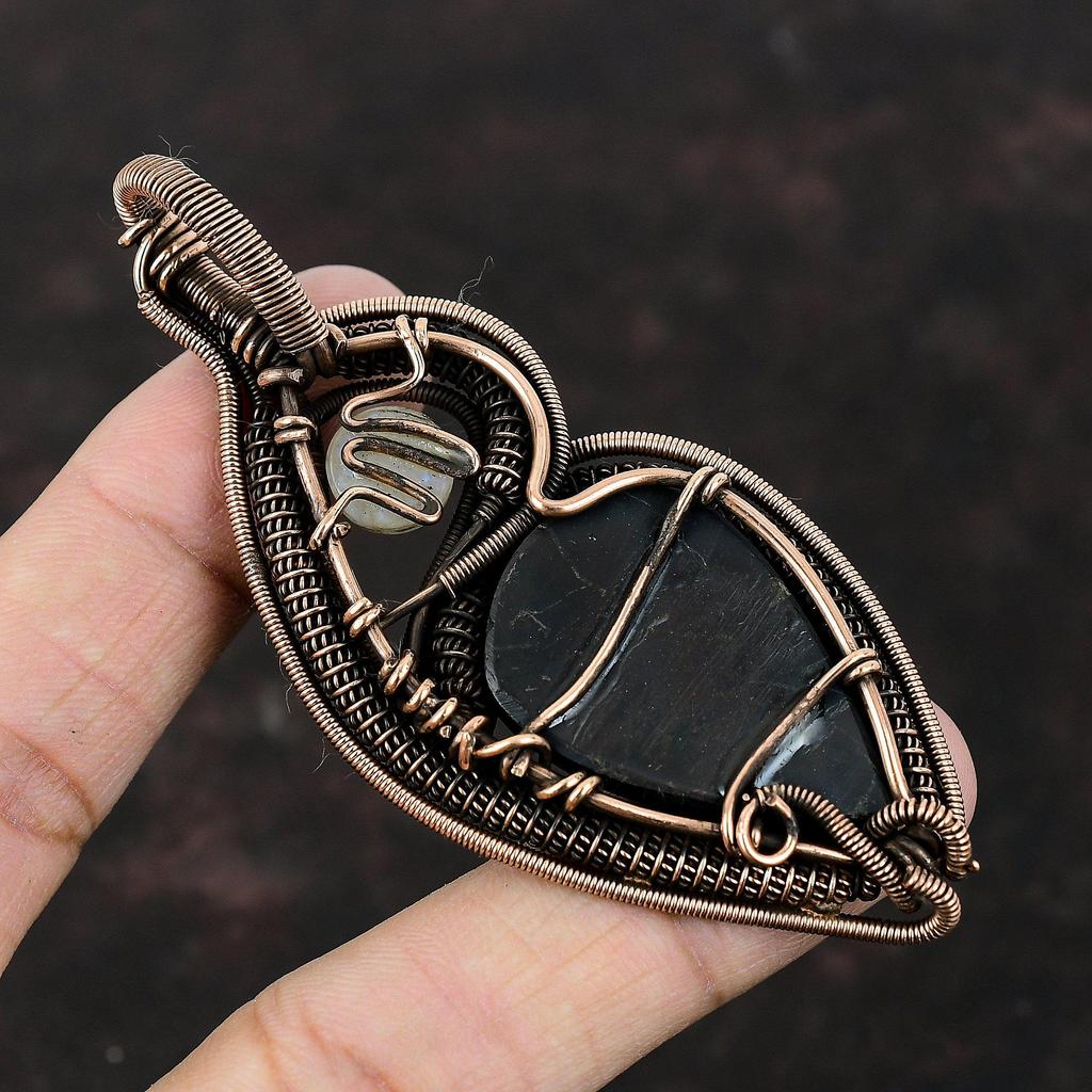 Подвеска из шунгита, медная проволочная обертка, подвеска из радужного лунного камня, ювелирные изделия из шунгита, подвеска из драгоценного камня ручной работы, медные ювелирные изделия для подарка