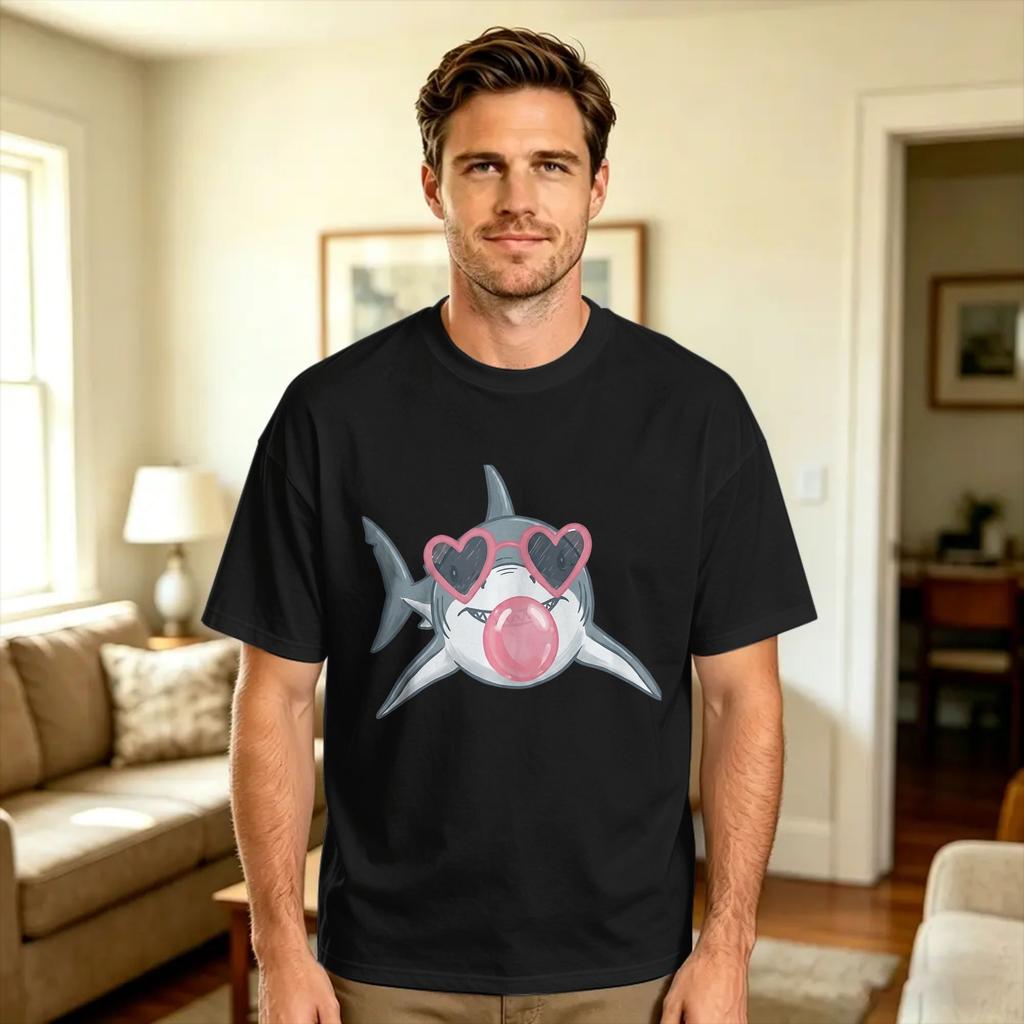 Shark Blowing Bubble Heart Sunglasses Beach Vacation Week Tshirt Beach Pure Cotton Tshirts For Unisex Casual Tshirt Shortsleeve