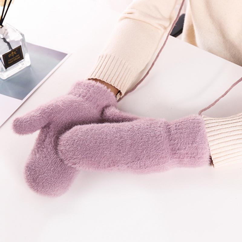 Women Winter Keep Warm Plus Cashmere Thicken Mink Fleece Solid Cute Lovely Outdoor Windproof Cycling Full Finger Mittens Gloves