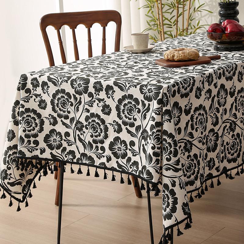 Tablecloth Retro Black Printed Tassel Tablecloth Household Coffee Table Tablecloth Dining Table Fabric