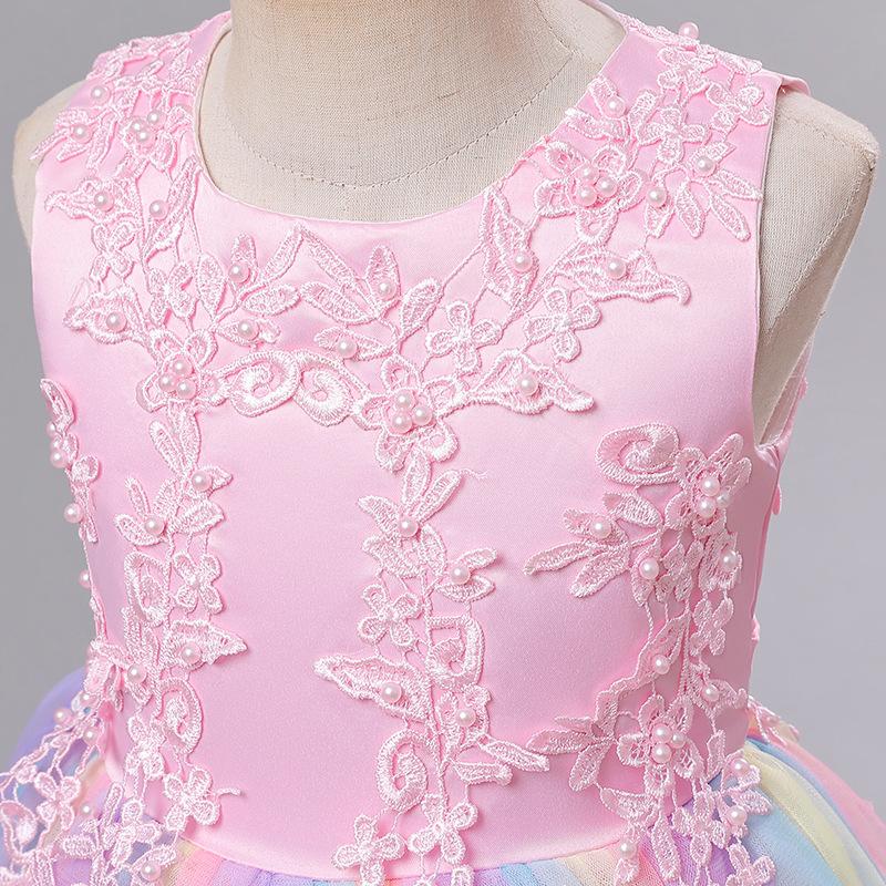 Girls Luxury Rainbow Tulle Lace Flower Bridesmaid Wedding Party Dresses Children Colorful Graduation Ceremony Costume