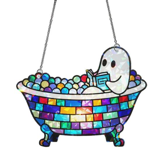 Bath-Time Ghost Reader Ornaments Cute Ghost Reading Book In A Bathtub Acrylic Hanging Suncatcher for Bathroom Window Wall Decoration