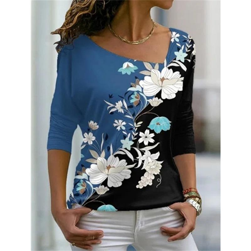 Женская футболка с характерным диагональным вырезом и нерегулярным цветочным принтом, цифровая 3D-печать, женская одежда, модная уличная женская футболка в стиле Харадзюку