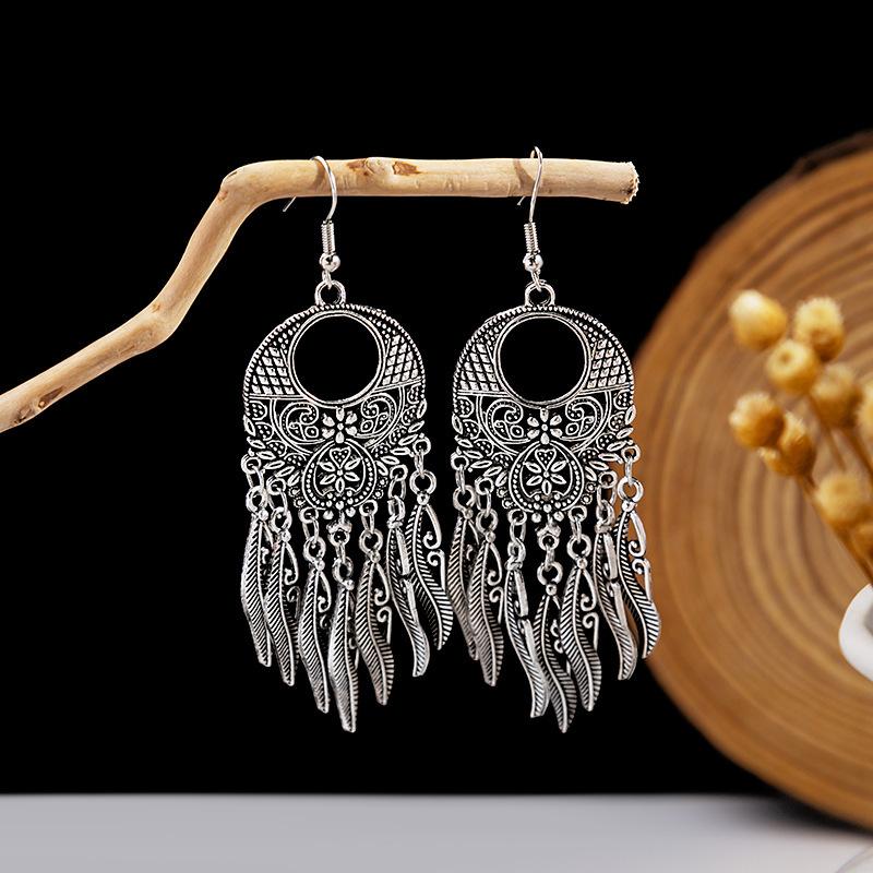 BLINGBAY Women's Earrings, Ethnic Style Drop-shaped Long Metal Tassel Earrings, Simple And High-end Accessories, Retro Colorful Feather Jewelry