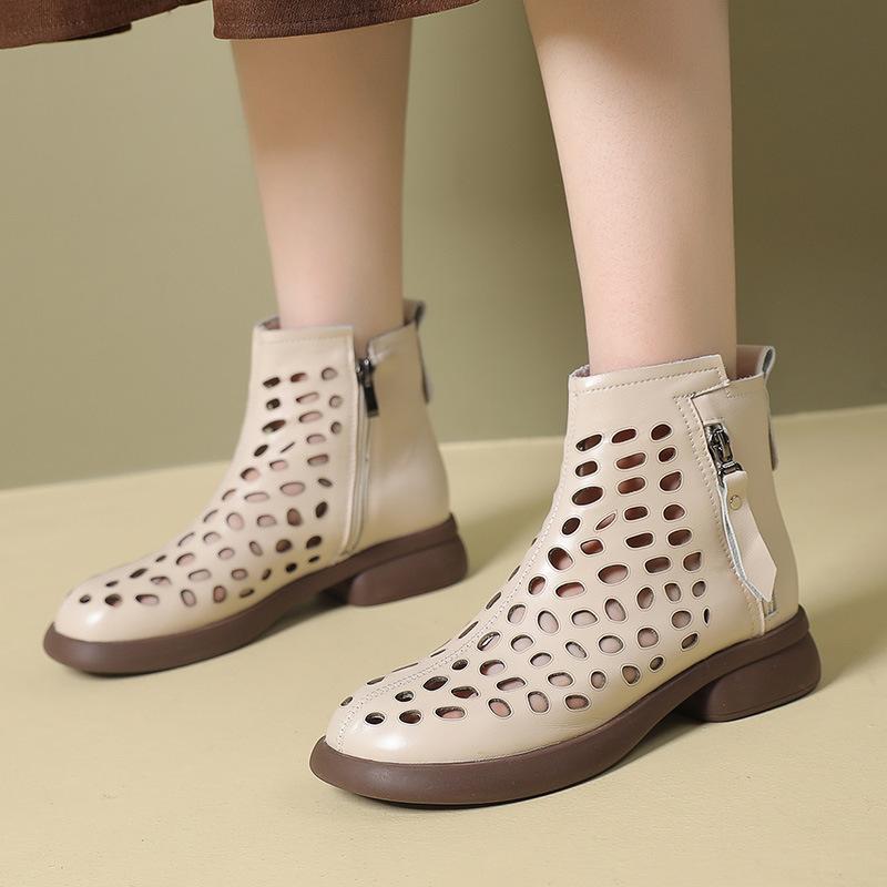 GKTINOO 2025 Summer Ankle Boots Genuine Leather Shoes Women Mid Heels Sandals Side Zip Boots Cutout Breathable Mujer Zapatos