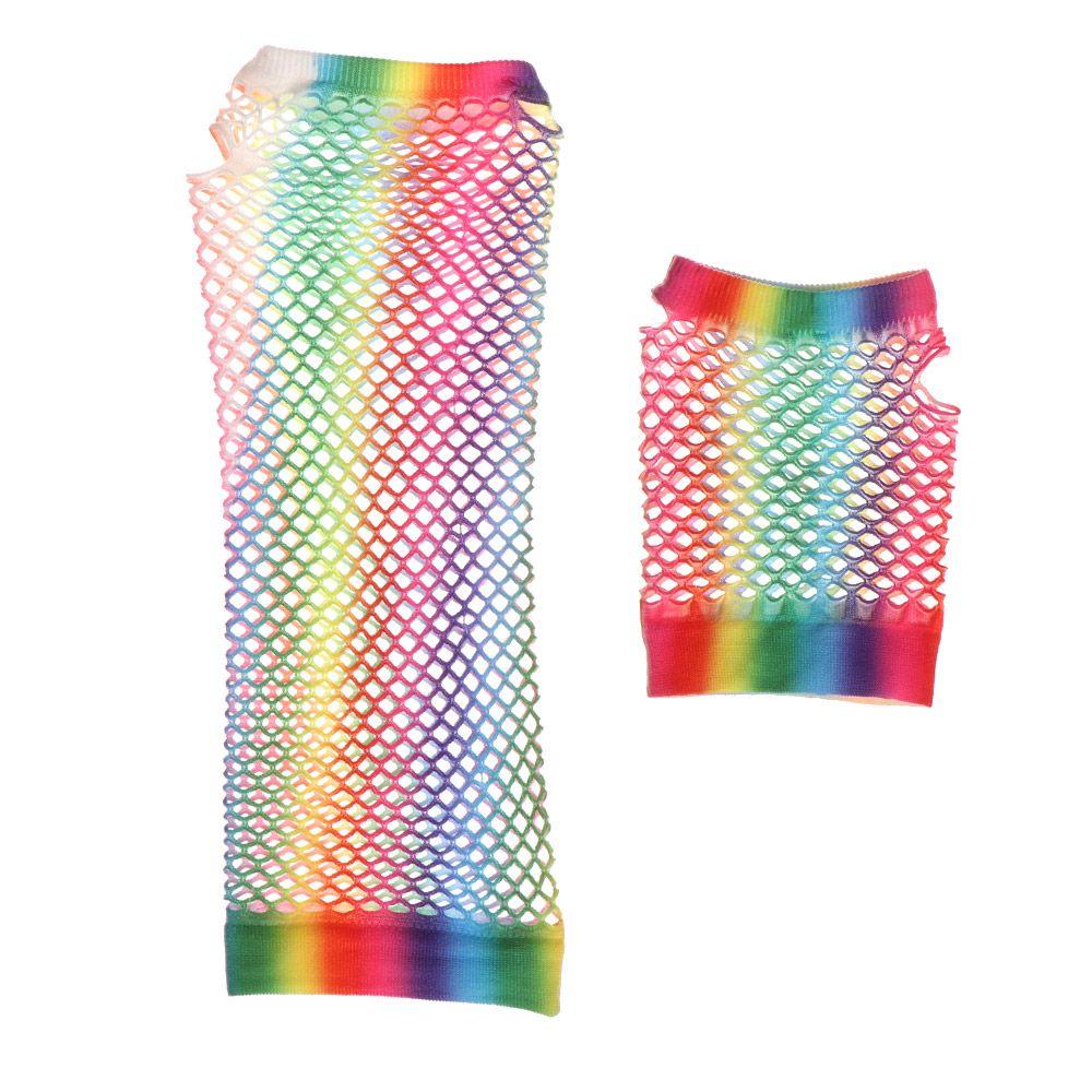Wedding Party Costume Performance Rainbow Hollow Out Holes Gloves Disco Dance Fingerless Mesh Net