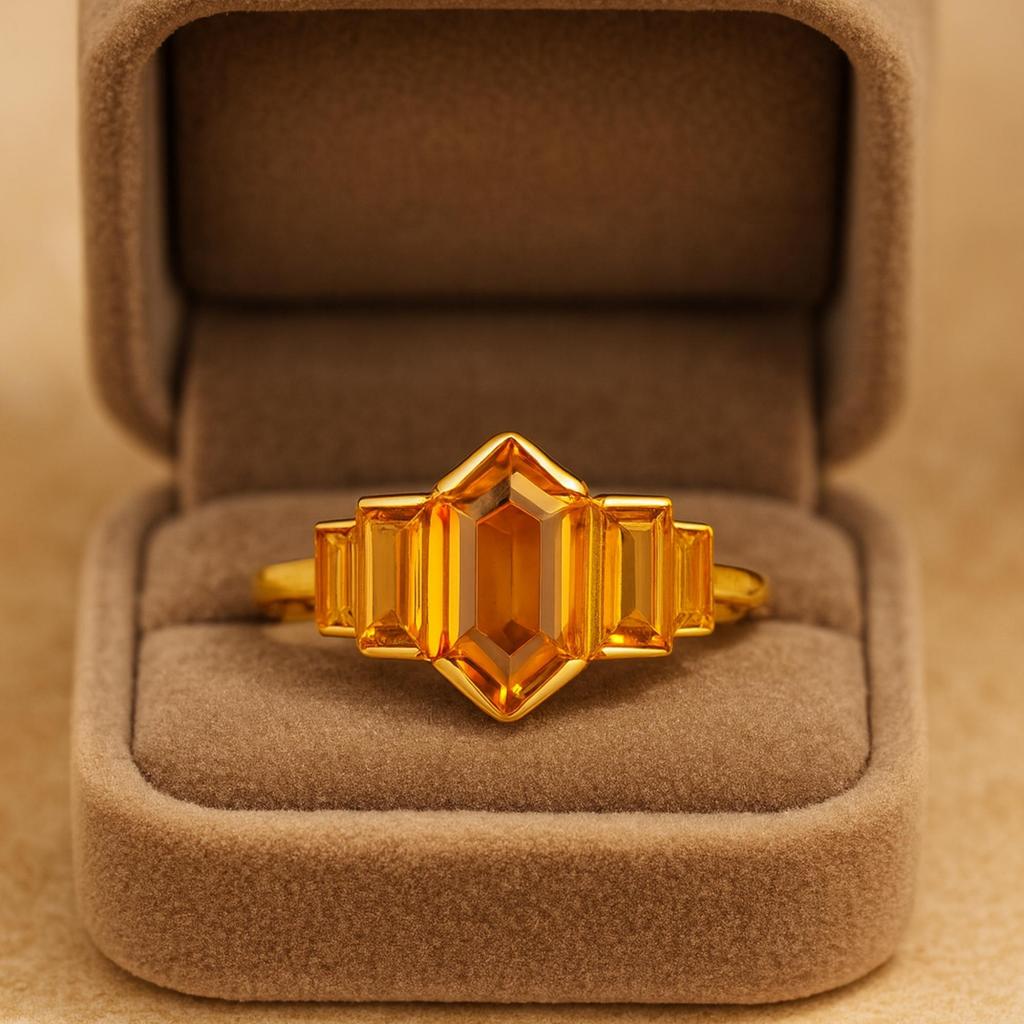 Hexagon and Baguette Citrine Ring – Art Deco Yellow Gemstone Ring - Gold Plated 925 Sterling Silver Jewelry Gift