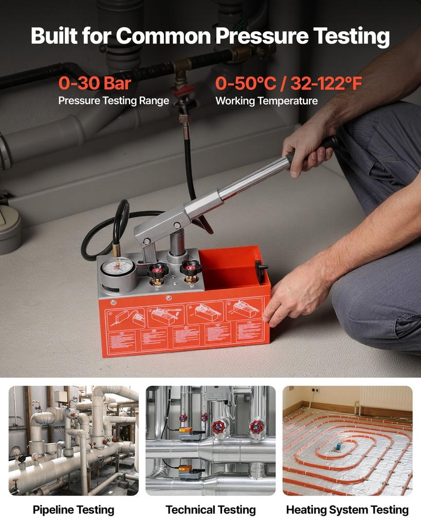 Hydrostatic Test Pump 6.06 L Hydraulic Manual Water Pressure Tester, Dual Valve Hydrostatic Water Pipe Leakage Pressure Test Pump Kit with Gauge &