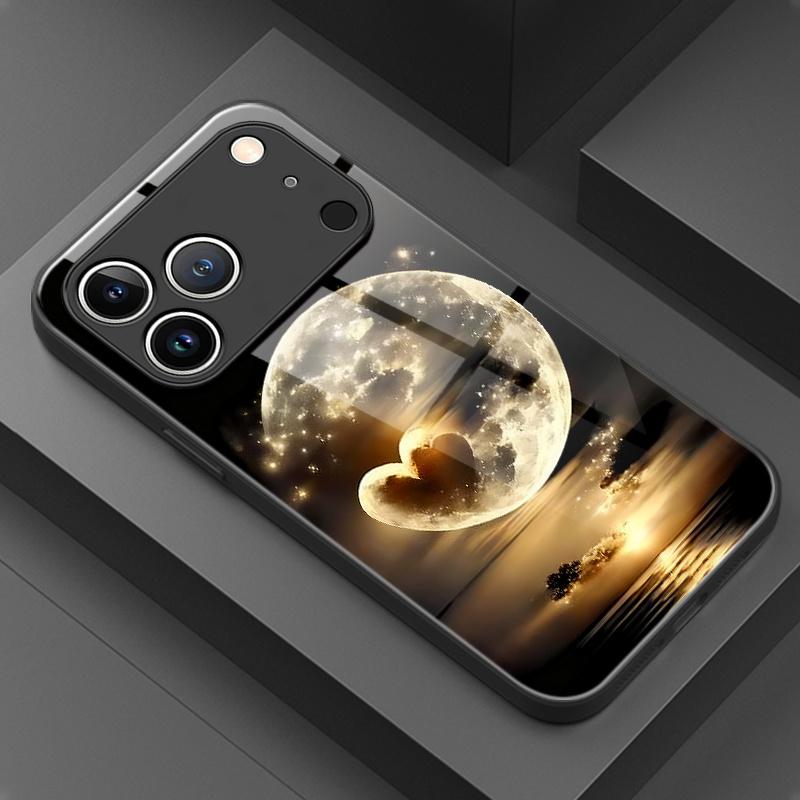 Закаленное стекло чехол для телефона для iPhone 17  16  15  14  13  12  11pm Pro Plus. Художественный дизайн луны в форме сердца.