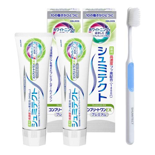 Зубная паста Shumitect Complete One EX Premium Fresh Citrus для чувствительных зубов, высокая концентрация фторида (1450 ppm), В комплекте 2 бутылочки + зубная щетка