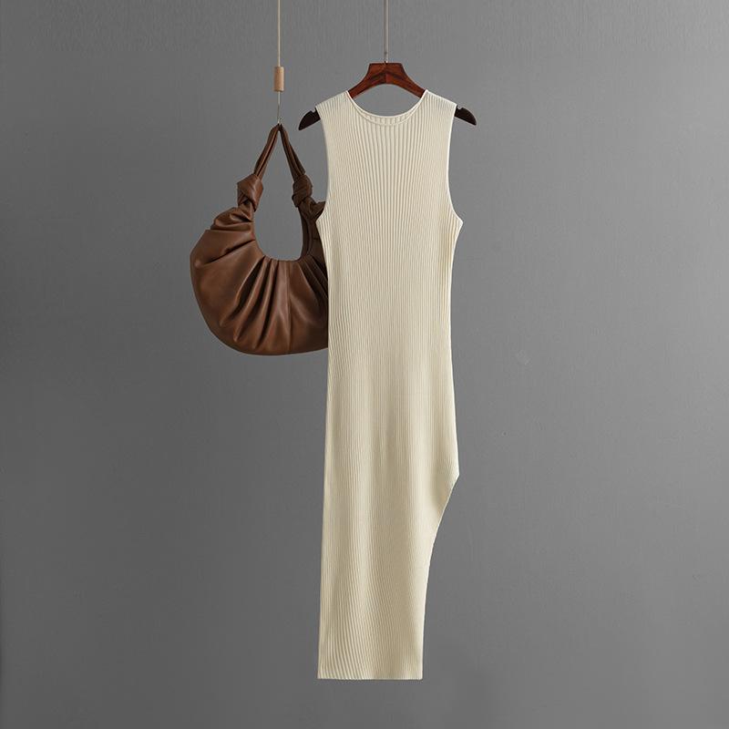 Женское осеннее винтажное сексуальное вязаное платье с открытой спиной и высокой талией, тонкое платье с разрезом
