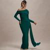 Women's One Shoulder Long Sleeve Maxi Dress Fitted High Waist Ruched Drape Sash Bodycon Evening Gown