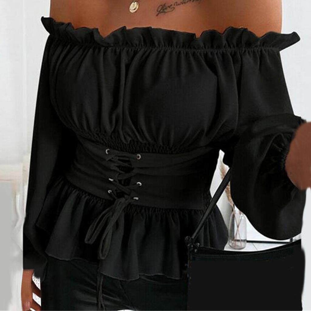 Модная женская однотонная рубашка без бретелек с длинными рукавами и рюшами на шнурке