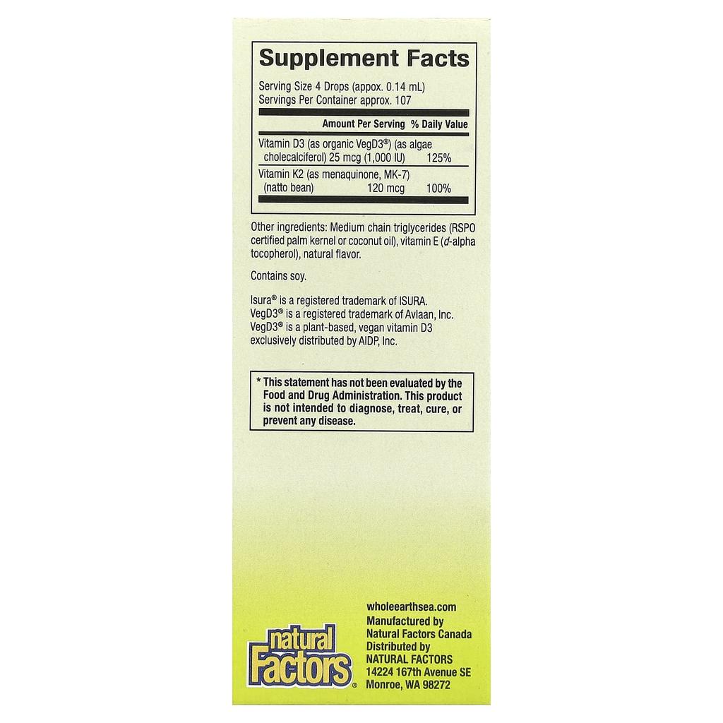 Whole Earth Sea®, 100% Vegan Vitamin D3 & K2, 15 Ml (0.5 Fl Oz)