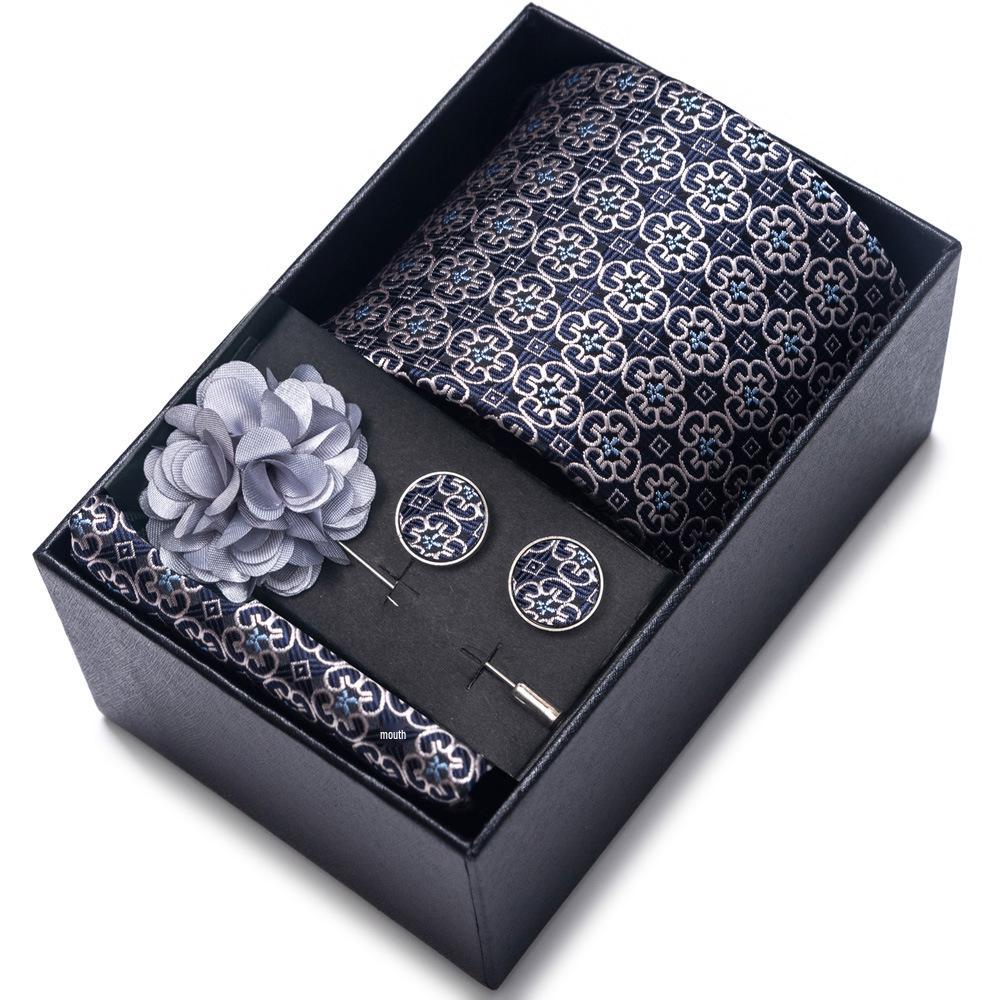 Men's Blue-Gold Stripe Tie Set: Includes Pocket Square, Cufflinks & Lapel Pin in Gift Box - Perfect for Gifts