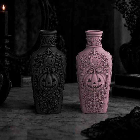 Desktop Ornament for Display Halloween Gothic Pumpkin Vase, 3D Printed Moon Star Embossed Potion Bottle Unique Collectibles Tabletop Ornament,