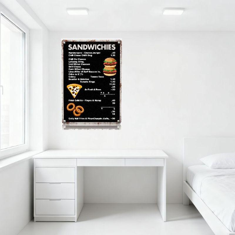 Vintage Black Rusty Metal Sign with White Text 'SANDWICHES' & Food Items List, Stacked Hamburgers, Pizza, Onion Rings - Cafe Res