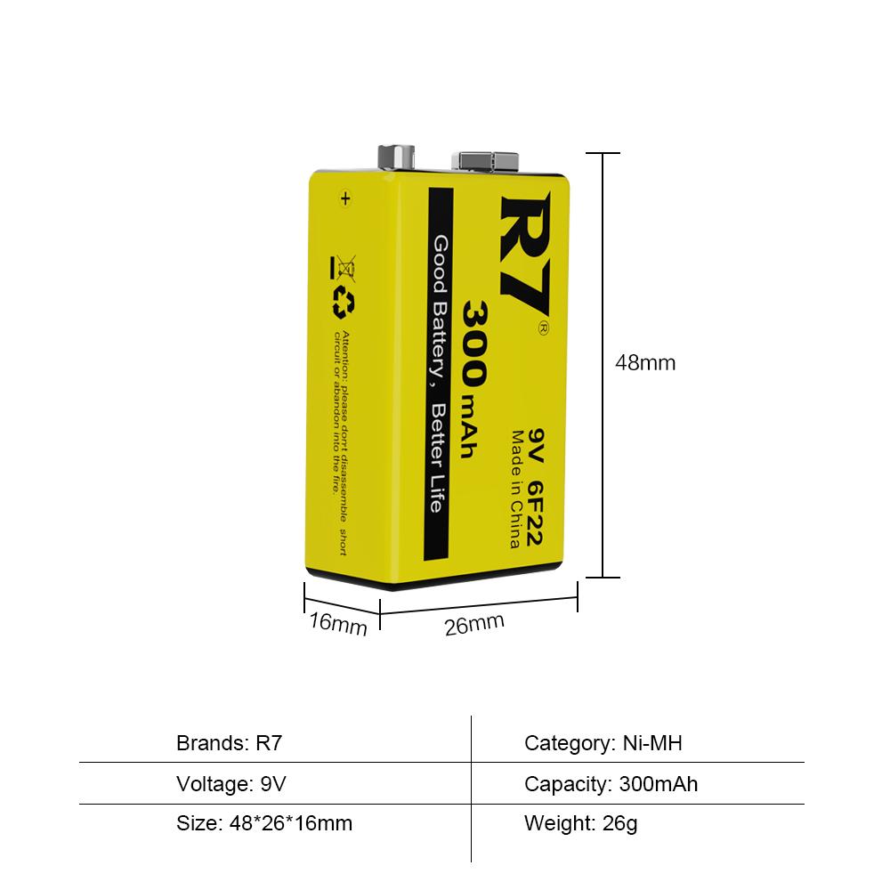 Аккумуляторы R7 9В 300 мАч для беспроводных микрофонов, гитар с эквалайзером, дымовых извещателей и мультиметров