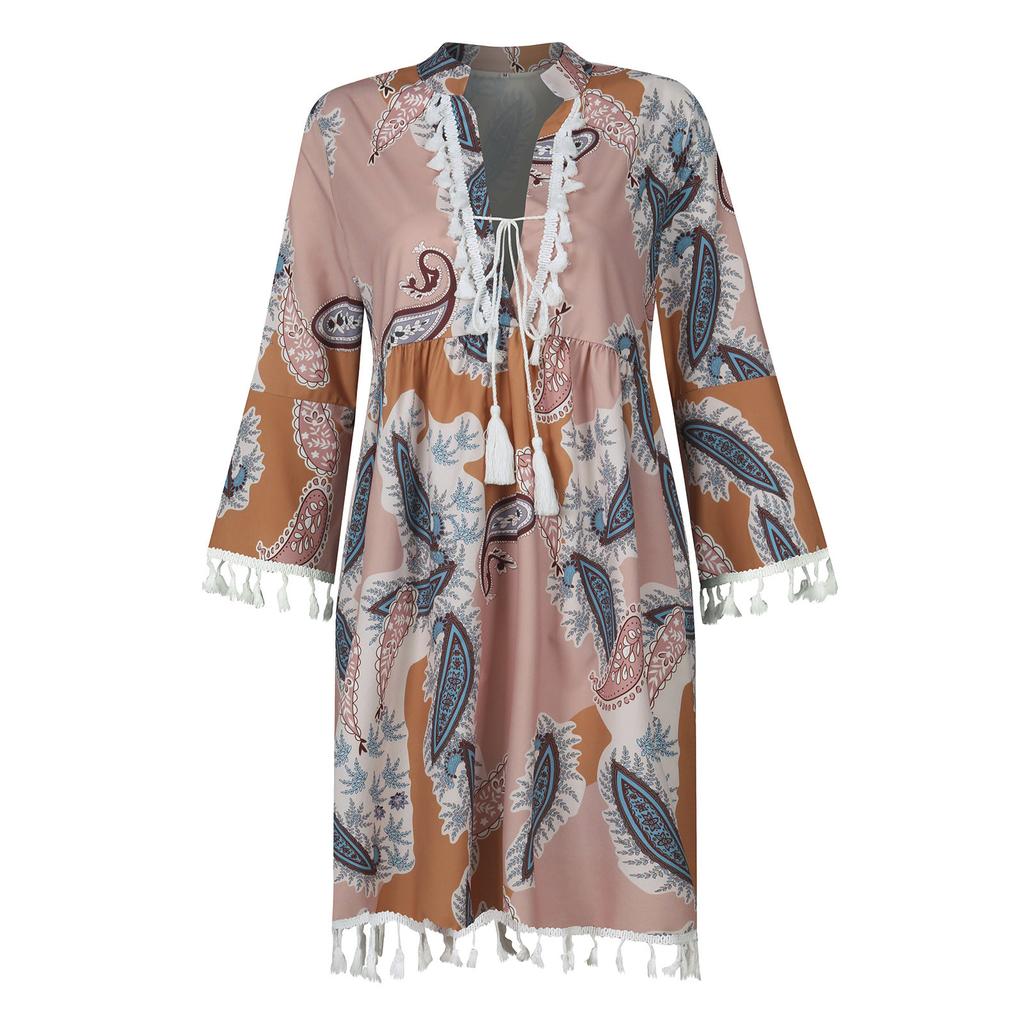 Женское модное платье в стиле бохо с рукавом три четверти, кружевное мини-платье с v-образным вырезом и кисточками