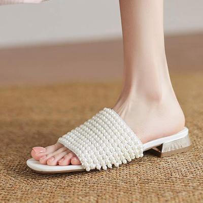 Гладиаторские мюли с жемчужными бусинами, летние, размер 42, низкие каблуки, уличные тапочки, женские сандалии с открытым носком