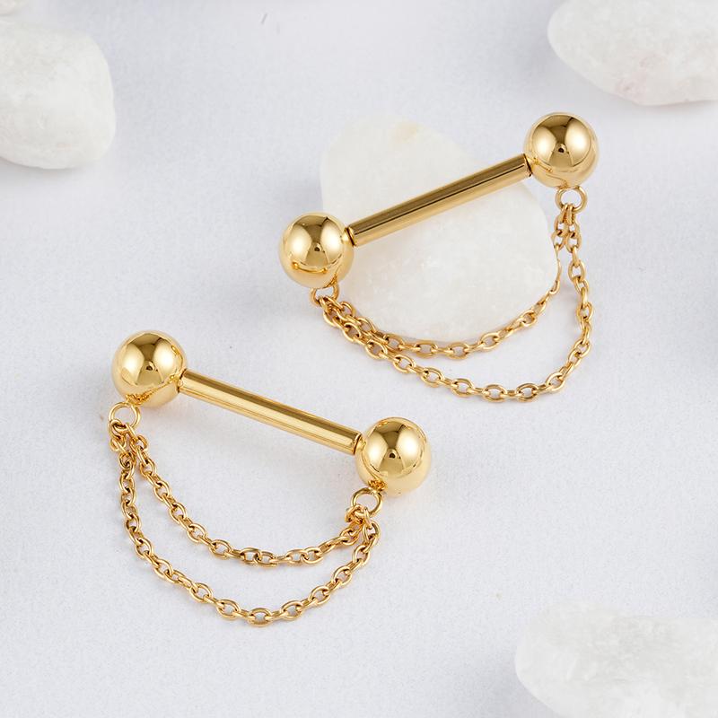 Right Grand ASTM F136 Titanium Threadless Push Pin Nipple Shield Ring with Double Chain Dangle 14G Barbell Piercing Jewelry