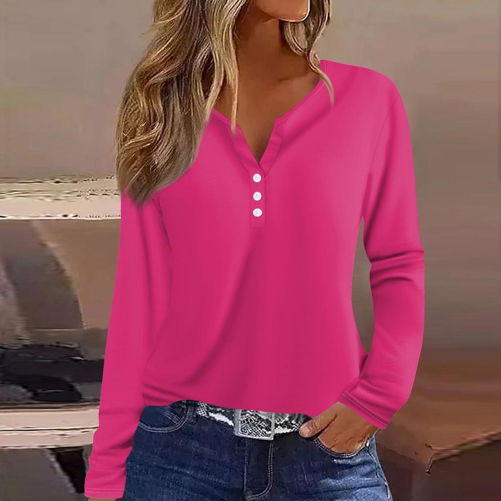 Women's T Shirt Tee Button Long Sleeve Daily Weekend Fashion Basic V- Neck Regular Top