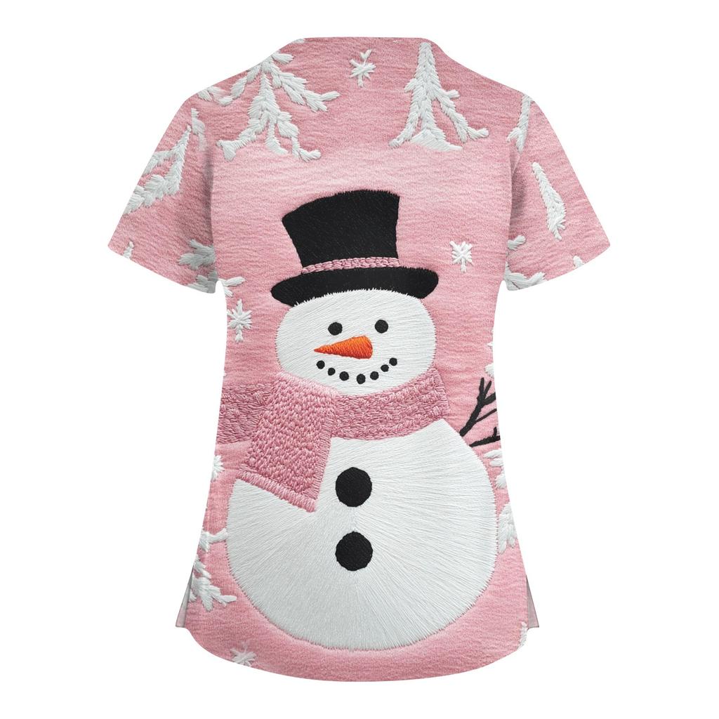 Женский модный рабочий топ с V-образным вырезом, рождественским принтом, короткими рукавами, карманом, боковым разрезом, базовый пуловер