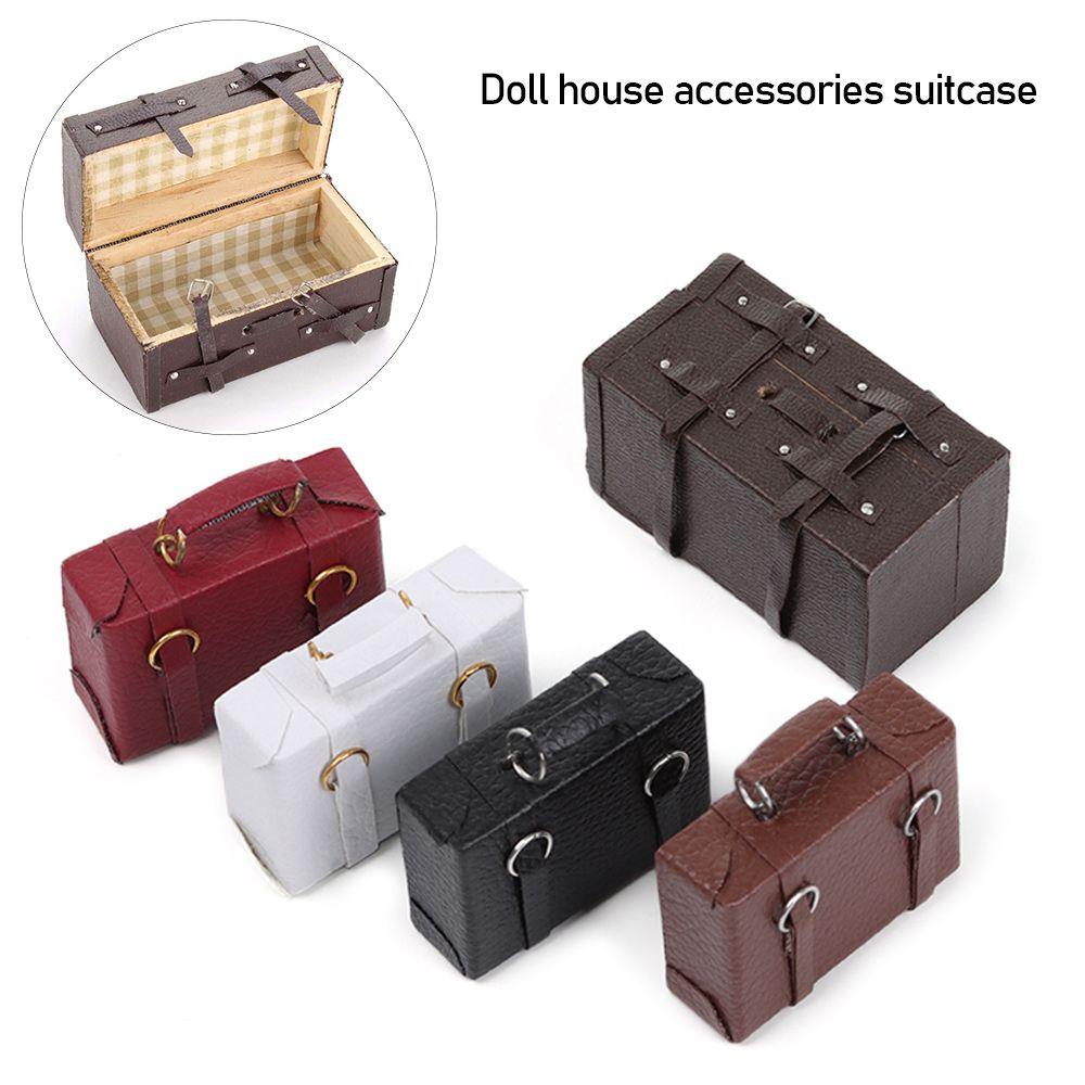 Dollhouse Furniture Doll Leather Luggage Vintage Wood Box Miniature Portable Trunk Mini Suitcase