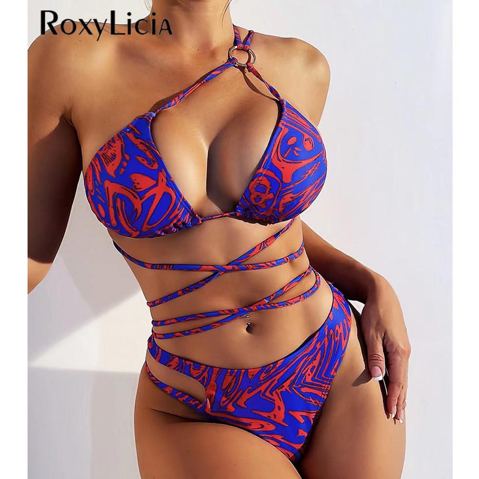 Printed Wrap Around One Shoulder Bikini Women Swimwear Female Swimsuit Two-pieces Bikini Set Bather Bathing Suit Swim Lady