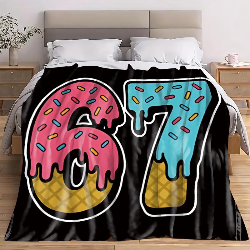 Number 67 Printed Blanket - Soft Flannel Bedspread with Arabic Numerals, All-Season Cozy Bed Cover for Christmas Gifts