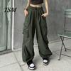 Trousers Women Cargo Pants Hip Hop Baggy Solid Color Multi Pockets Elastic Waist Match Top Loose Breathable Lady Clothes