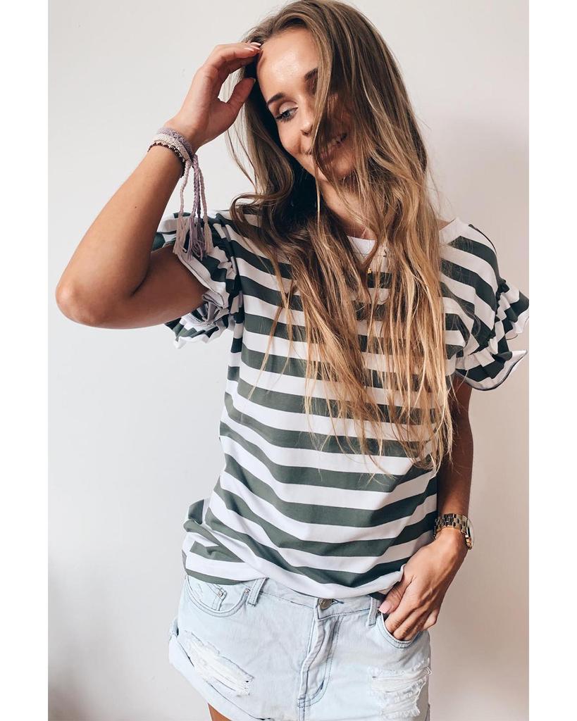 Azura Exchange Sea Green Striped V Neck Ruffle Sleeve Top