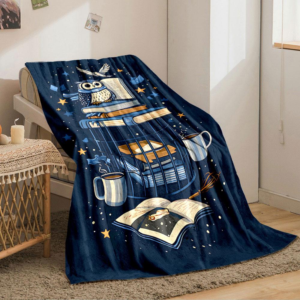 Owl and Books on Starry Night for all seasons blanket lunch break throw gift