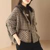 Ladies Spring Autumn Thickened Houndstooth Retro Loose Hooded Plaid Woolen Knitted Cardigan