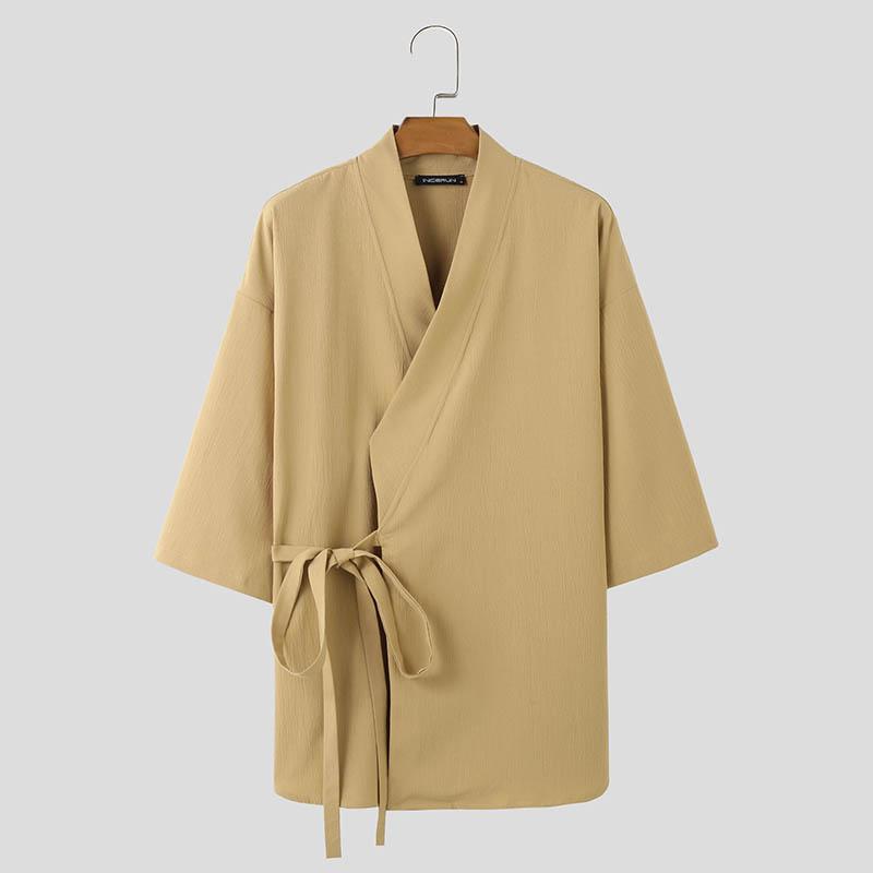 INCERUN Мужские топы с рукавами 3/4, свободные повседневные рубашки-кимоно со шнуровкой спереди