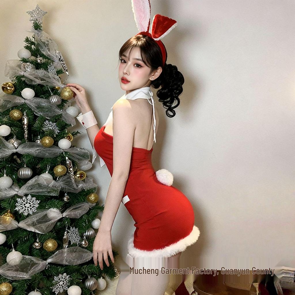 Женское рождественское нижнее белье Mu Cheng: Сексуальный набор ночной сорочки и юбки-хип-рэп для ролевых игр.