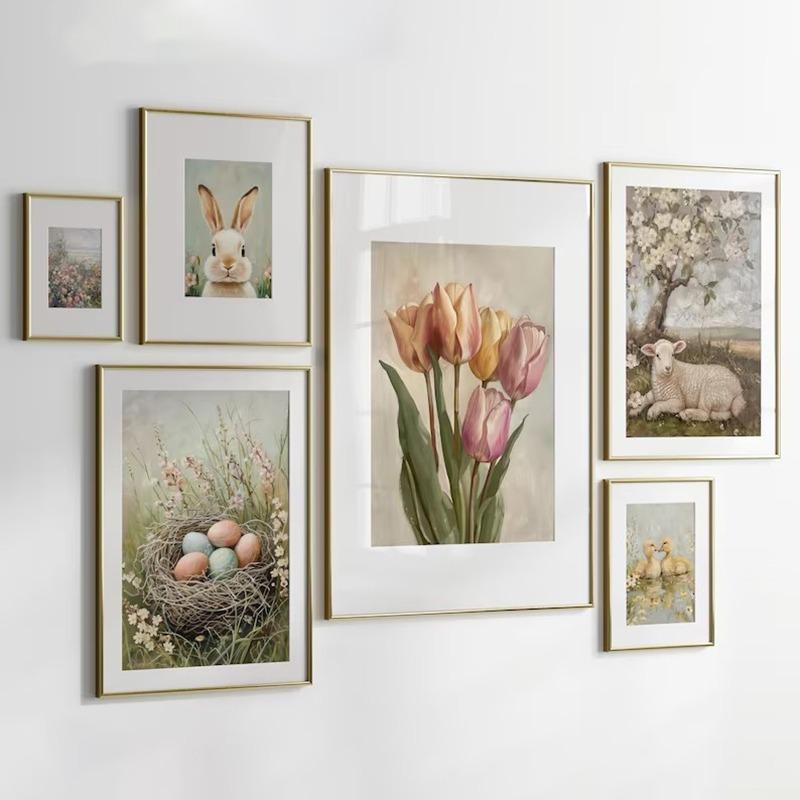 Neutral Spring Prints Poster, Gallery Set of 6 Spring Wall Art, Easter Bunny Painting, Farmhouse Easter Decor Canvas Artwork