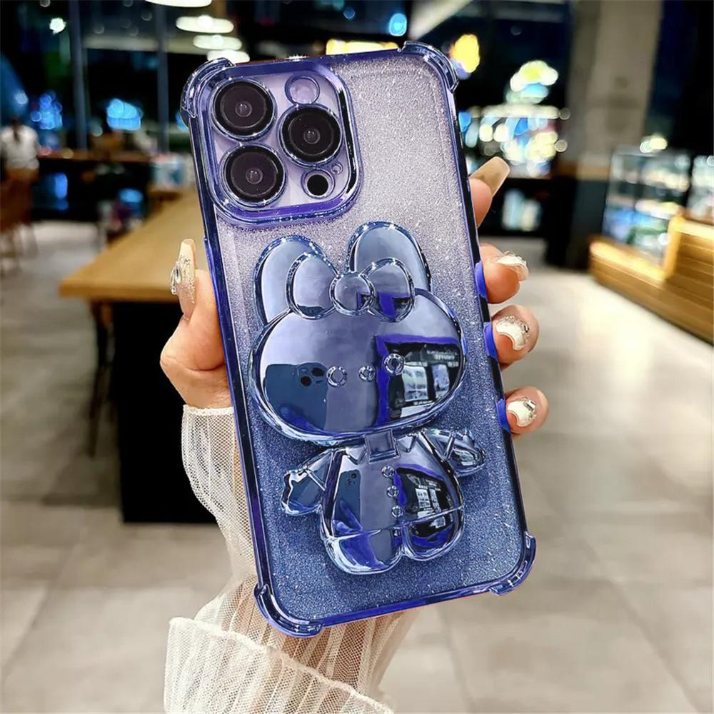 Противоударный чехол с блестками для Xiaomi Redmi Note 13 Pro 5G / Redmi Note 14 Pro Plus, мягкий чехол с невидимым зеркальцем для макияжа и подставкой в виде кролика