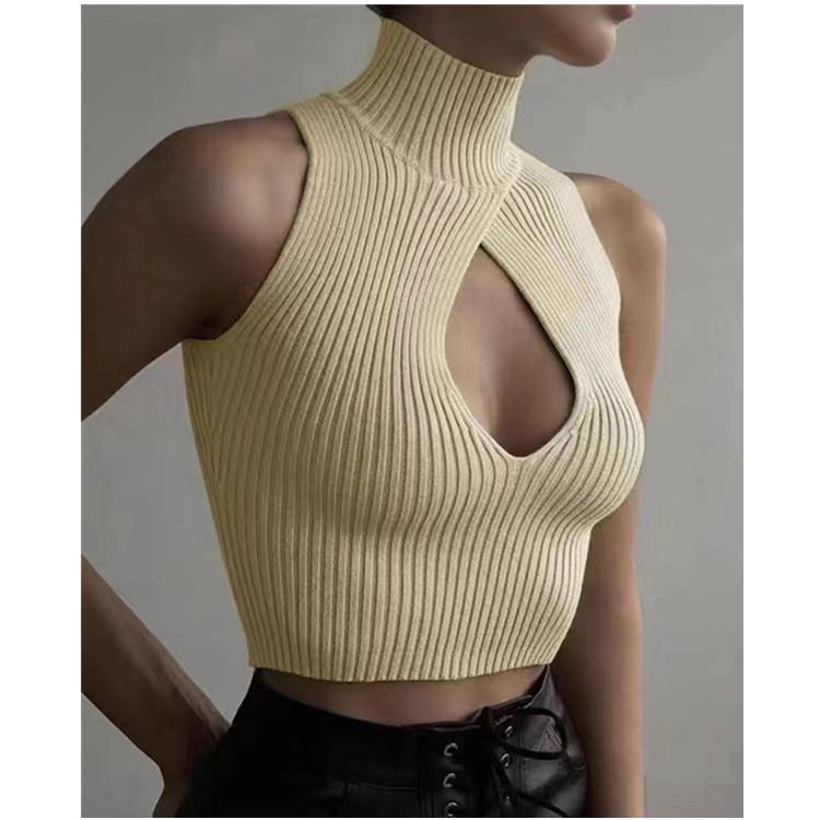 New Summer Solid Color Sexy Hollow Design Short Vest Turtleneck Navel Hot Girl Sweater Halter Neck Top