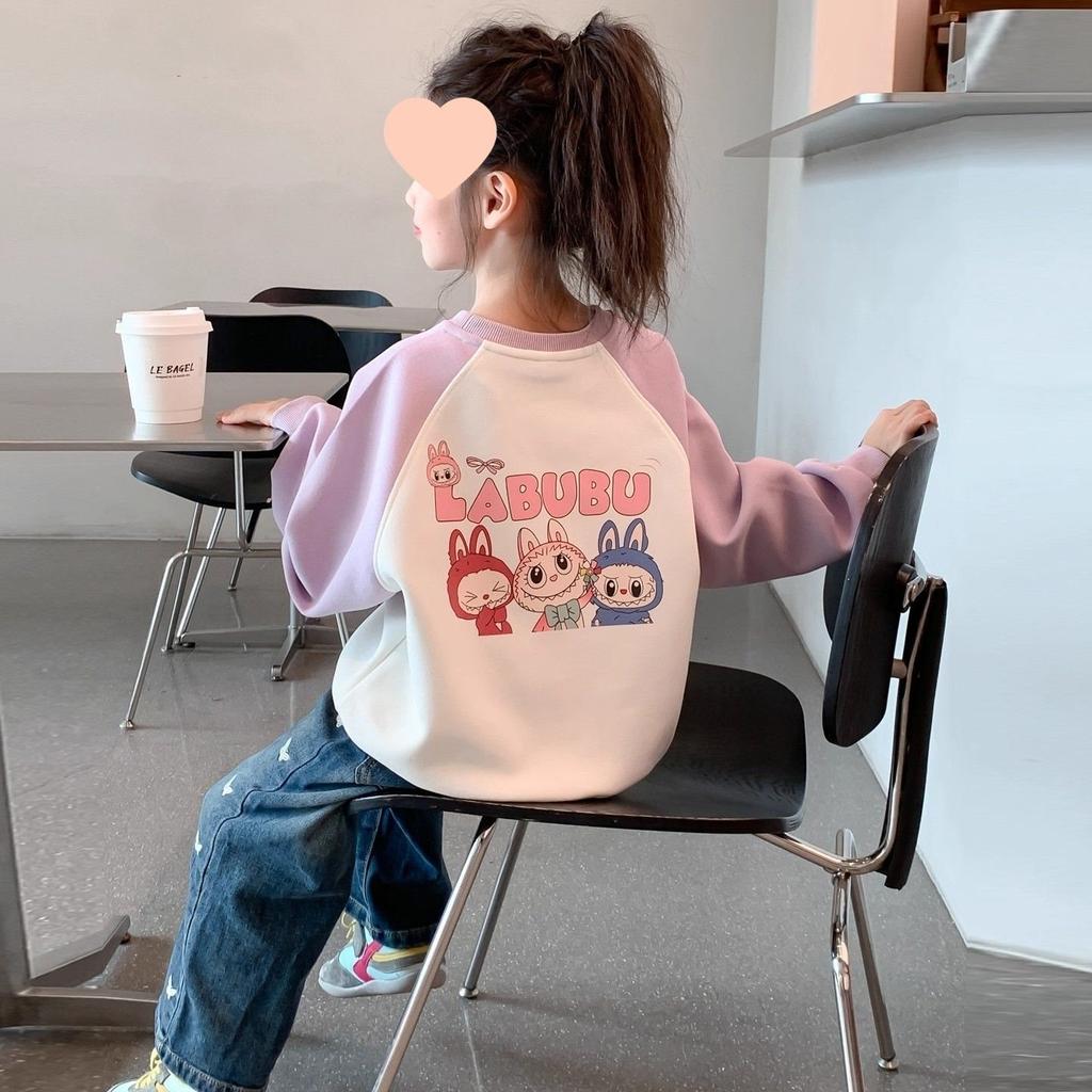 Winter Fleece Lined Thick Girls Sweatshirt Korean Block Cute Warm Top